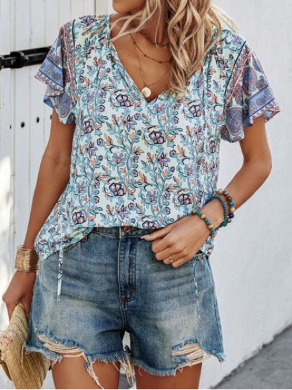 SHEIN Light Blue Floral V-Neck Flutter Sleeve Top